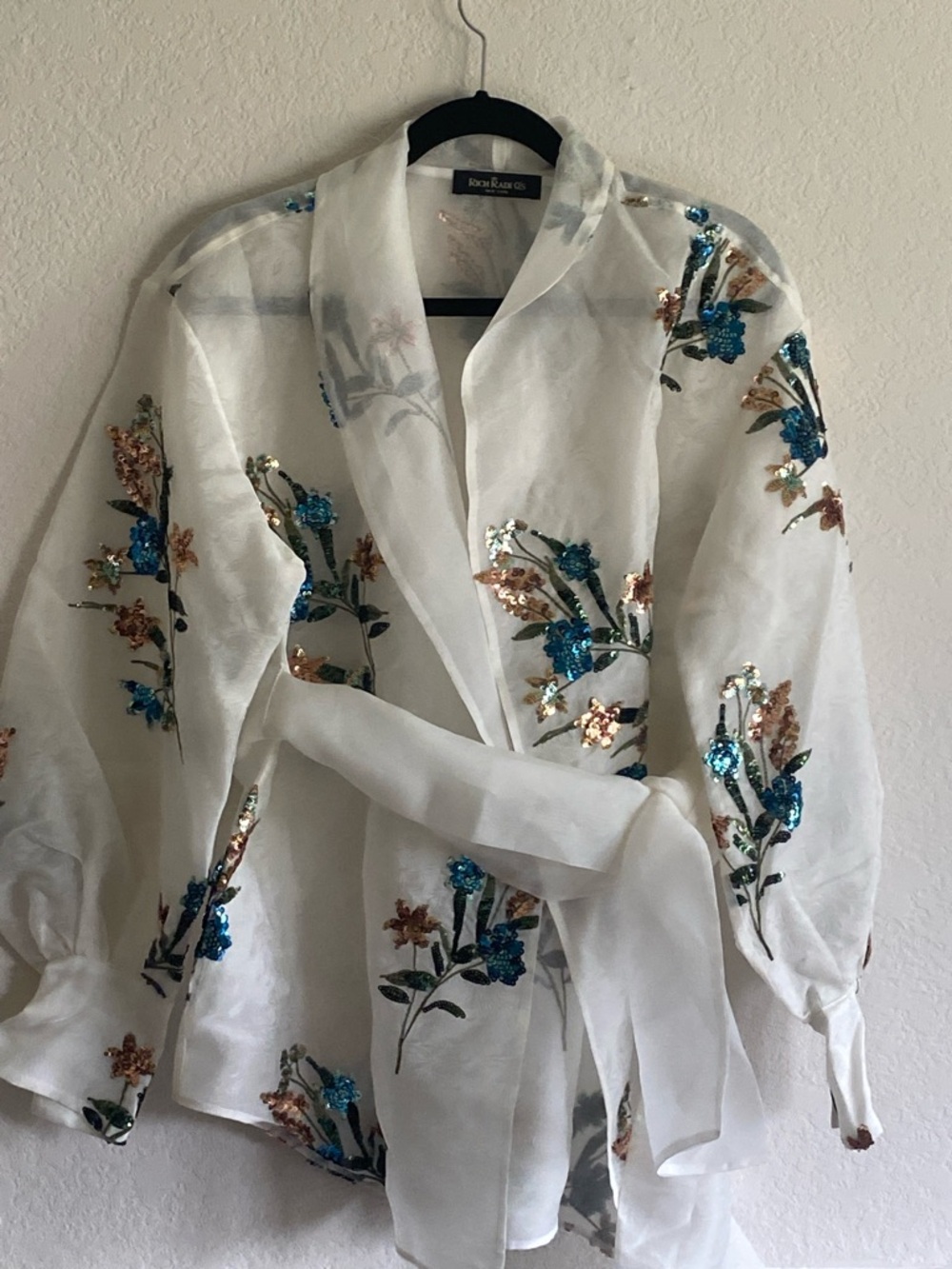 White Sheer Embellished Floral Kimono with Belt